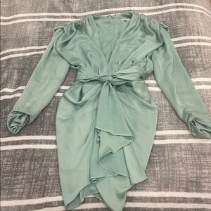 Green Plunge Neck Bishop Sleeve Cocktail Dress